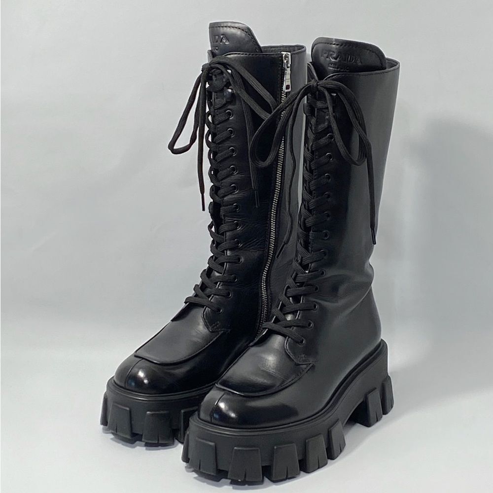Prada Lug-Sole Tall Leather Combat Boots size 36 - Picture 1 of 15